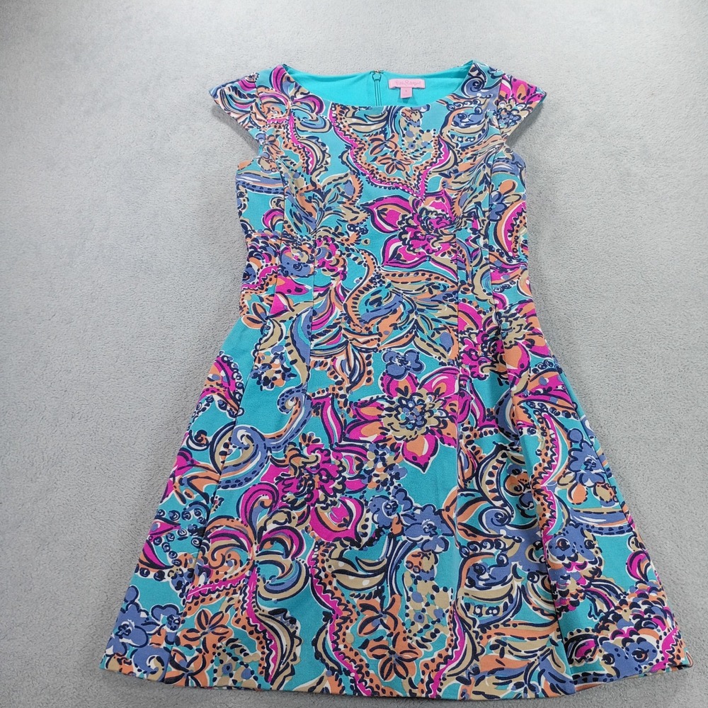 Lilly Pulitzer Womens Pique Shift Dress Blue Pink Floral S Cap Sleeve